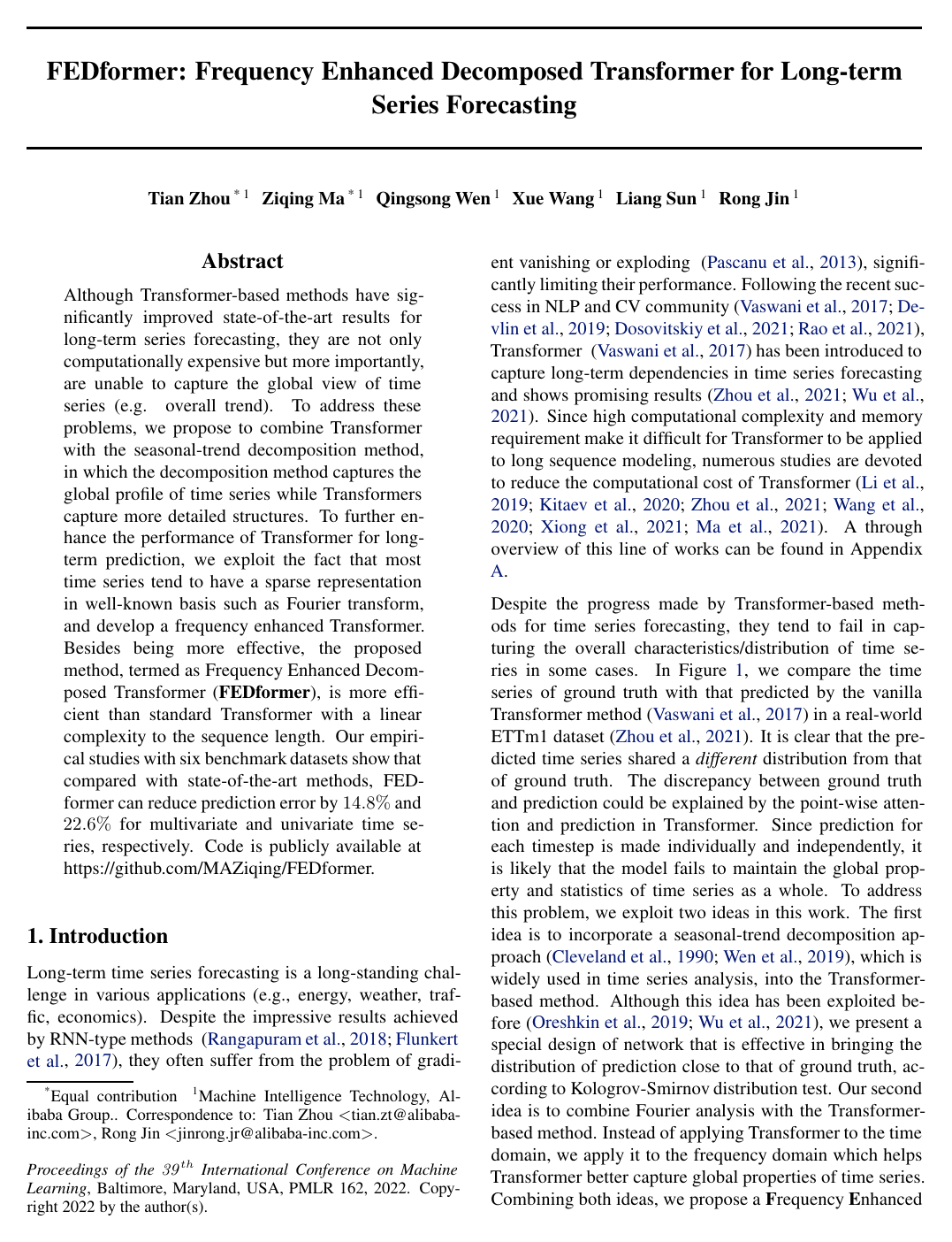 FEDformer: Frequency Enhanced Decomposed Transformer for Long-term Series Forecasting