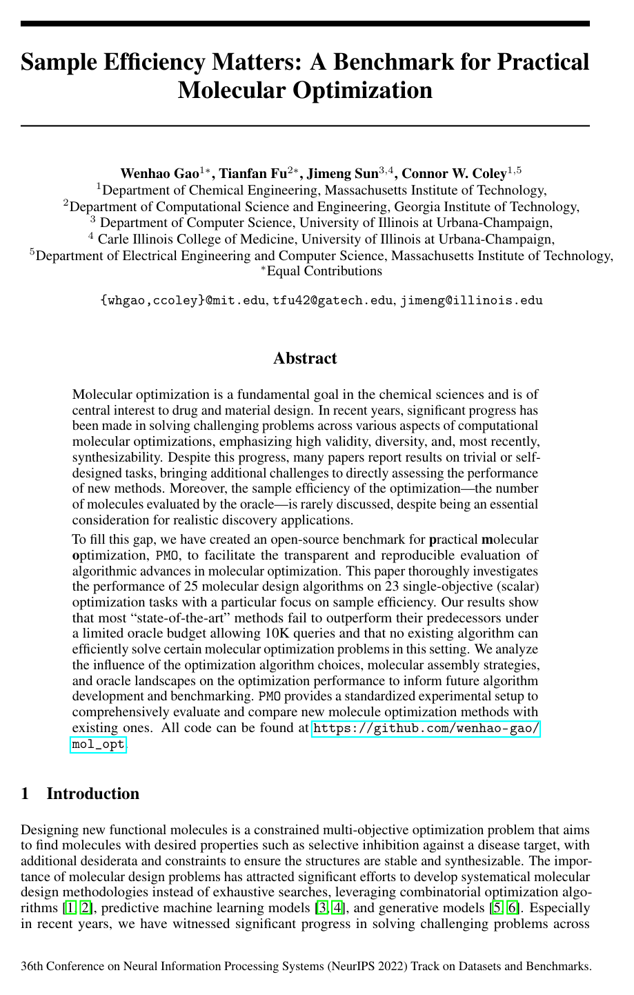 Cover for Sample Efficiency Matters: A Benchmark for Practical Molecular Optimization
