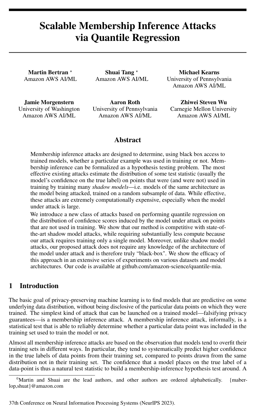 Cover for Scalable Membership Inference Attacks via Quantile Regression