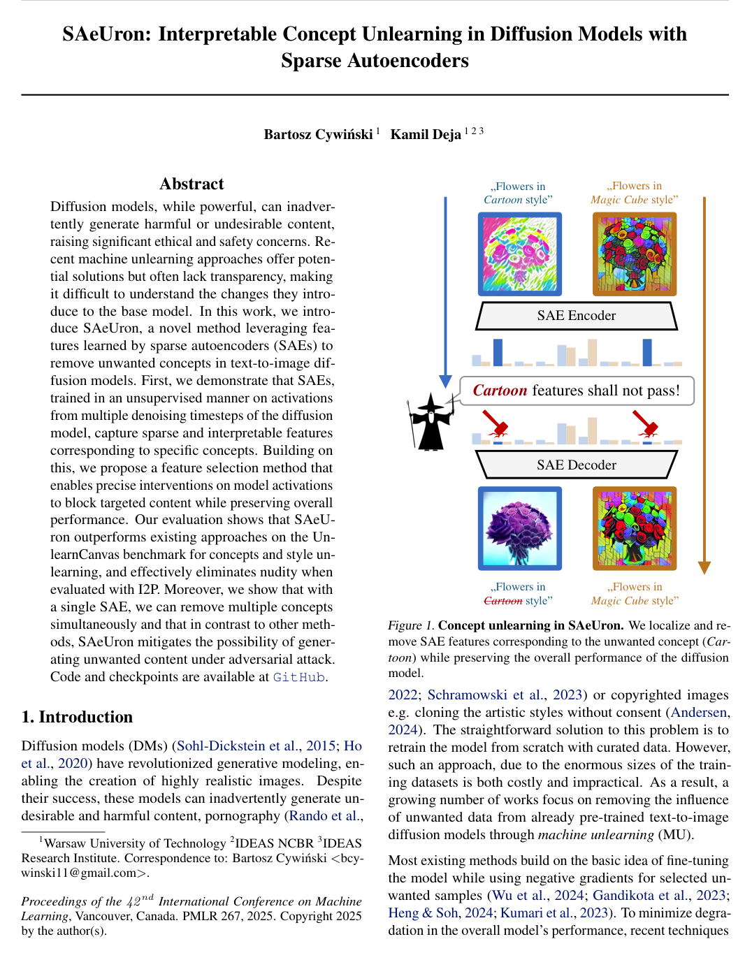 SAeUron: Interpretable Concept Unlearning in Diffusion Models with Sparse Autoencoders