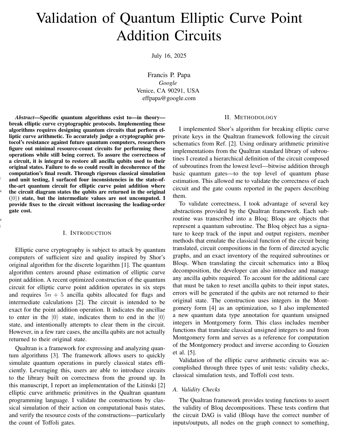 Cover for Validation of Quantum Elliptic Curve Point Addition Circuits