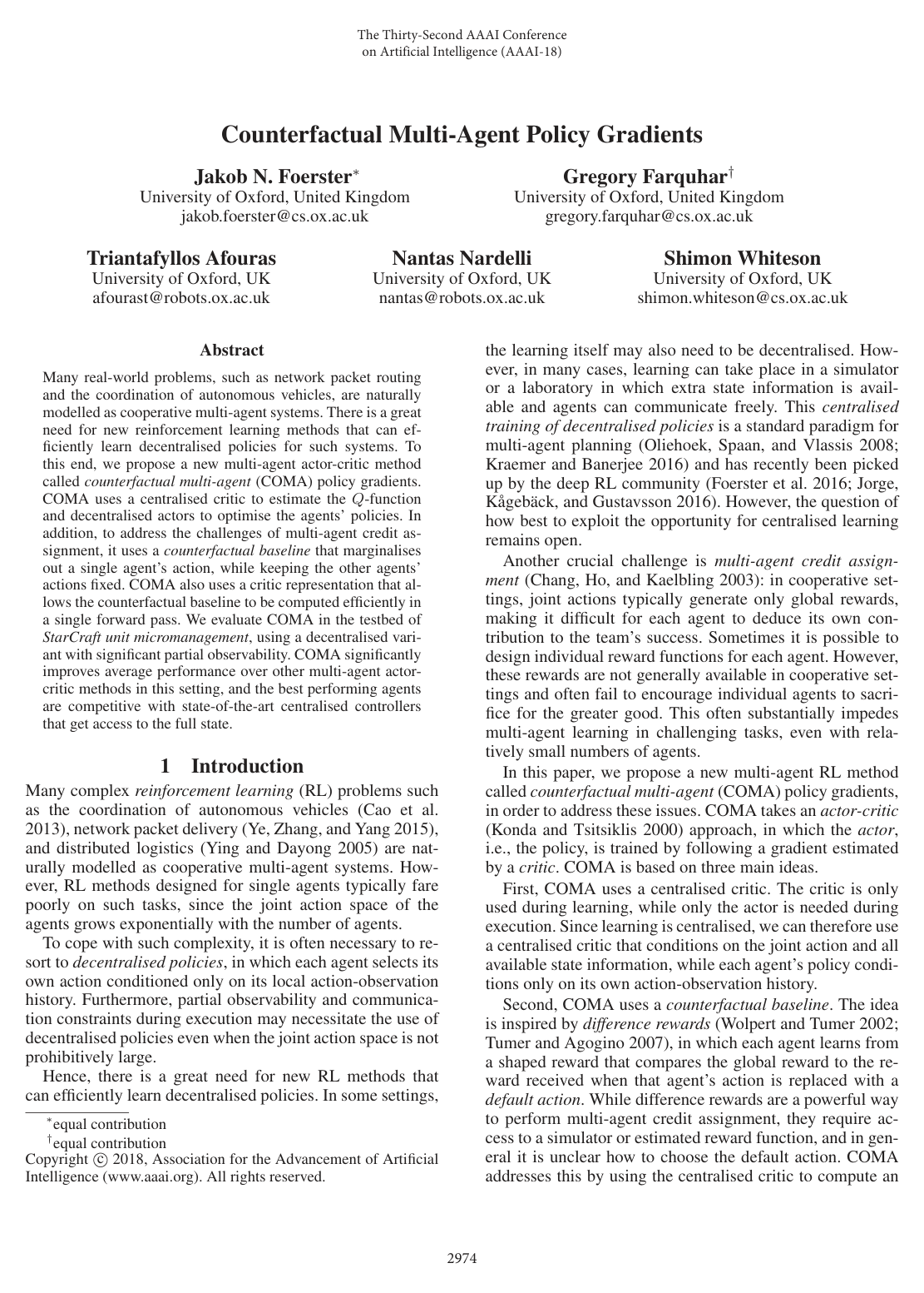 Cover for Counterfactual Multi-Agent Policy Gradients