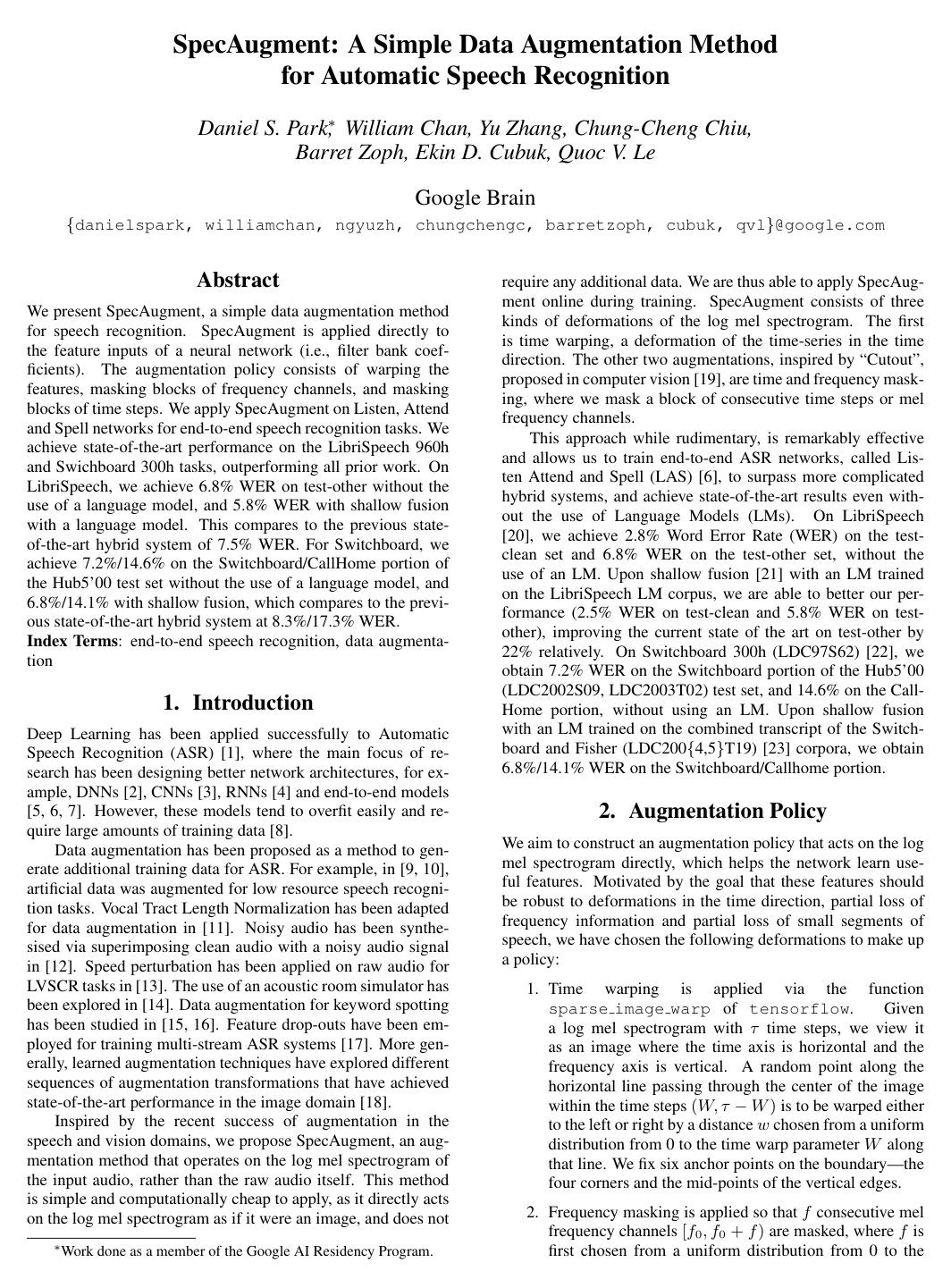 SpecAugment: A Simple Data Augmentation Method for Automatic Speech Recognition