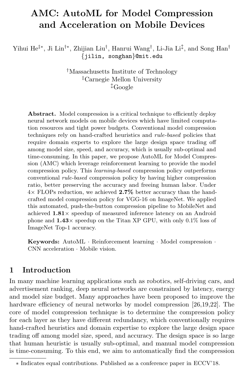 Cover for AMC: AutoML for Model Compression and Acceleration on Mobile Devices