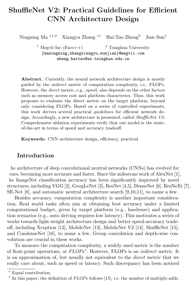 ShuffleNet V2: Practical Guidelines for Efficient CNN Architecture Design
