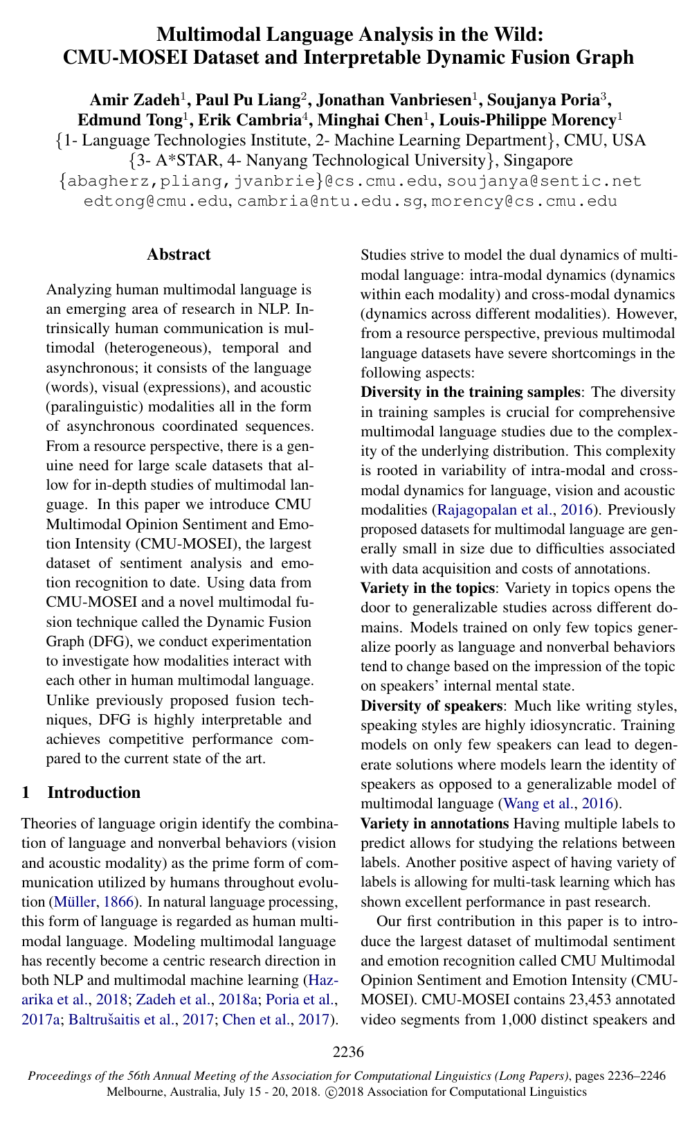 Multimodal Language Analysis in the Wild: CMU-MOSEI Dataset and Interpretable Dynamic Fusion Graph