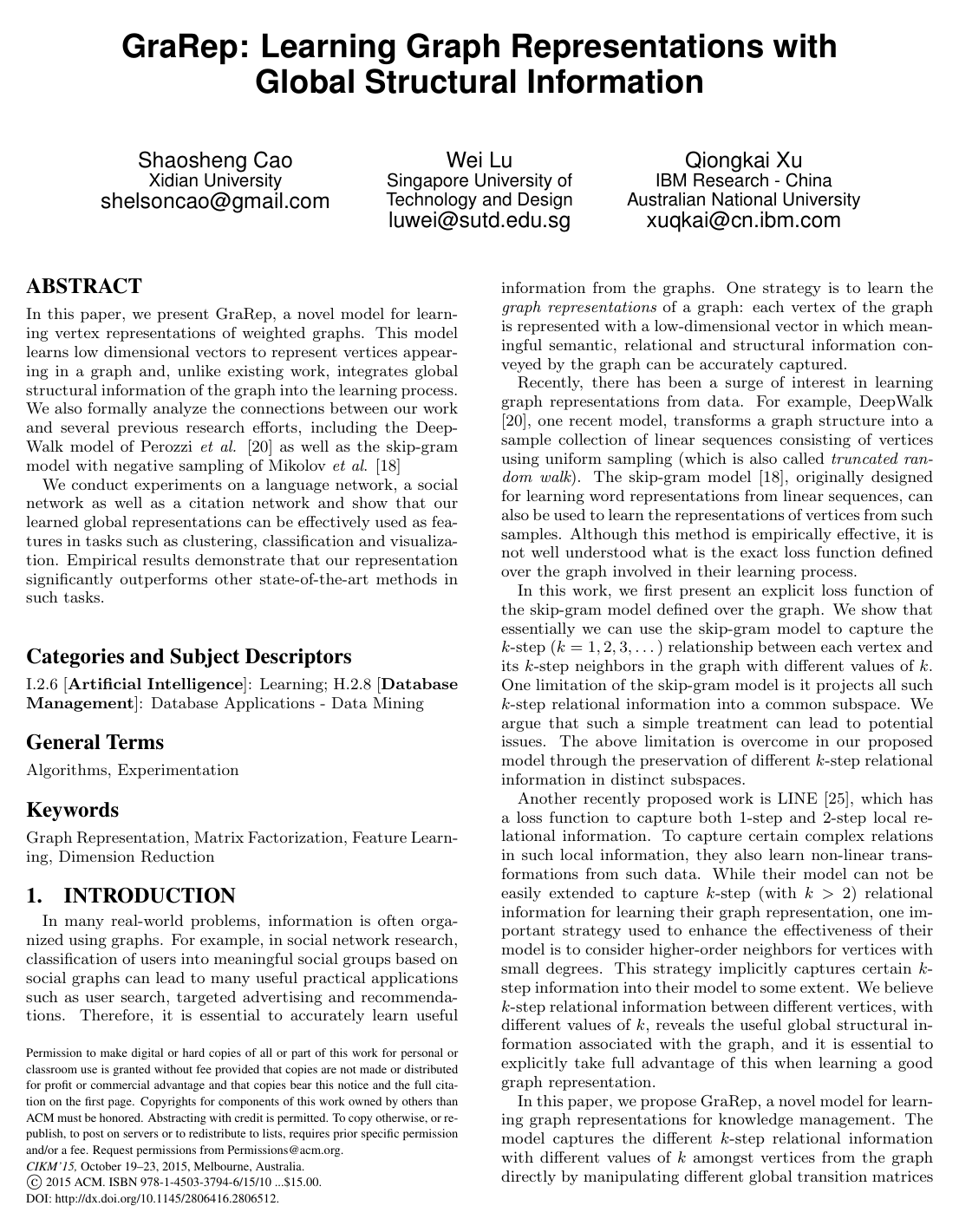 GraRep: Learning Graph Representations with Global Structural Information