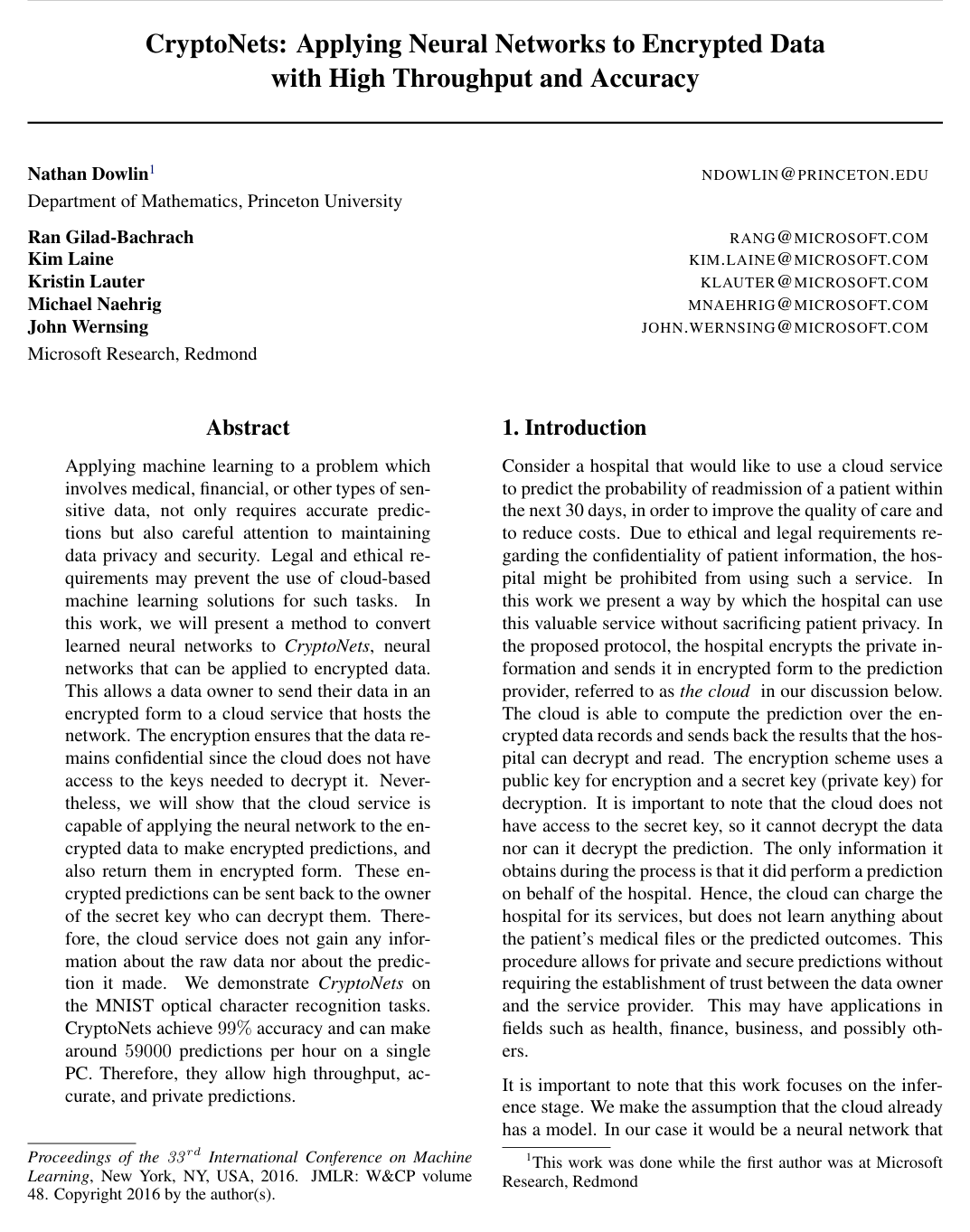 Cover for CryptoNets: Applying Neural Networks to Encrypted Data with High Throughput and Accuracy