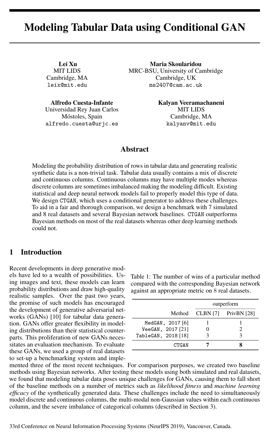 Cover for Modeling Tabular data using Conditional GAN