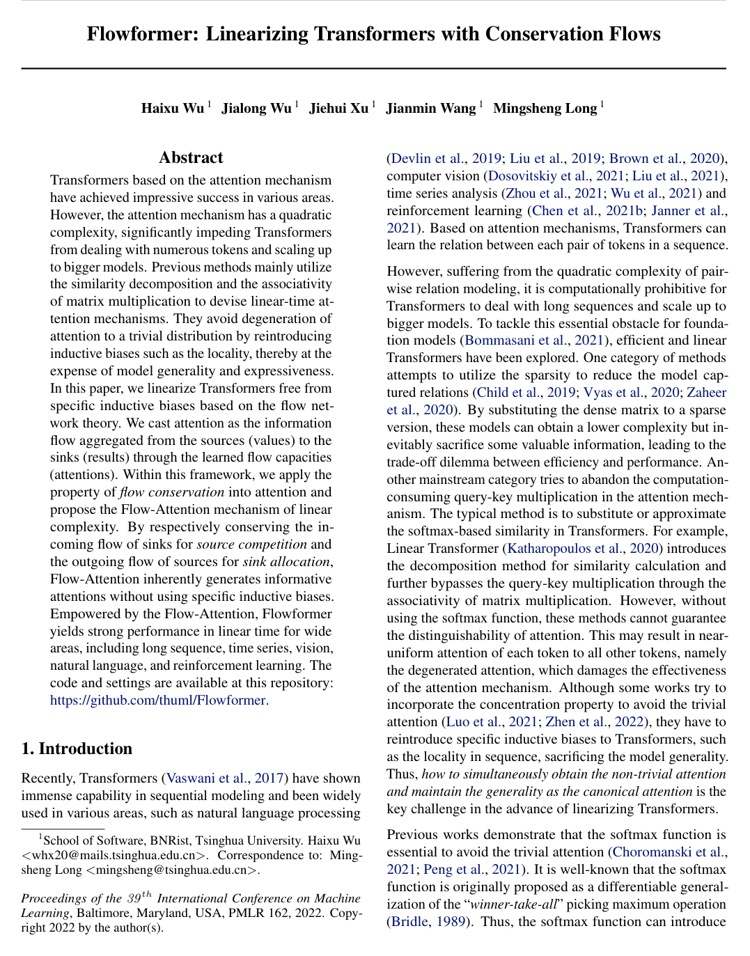 Flowformer: Linearizing Transformers with Conservation Flows