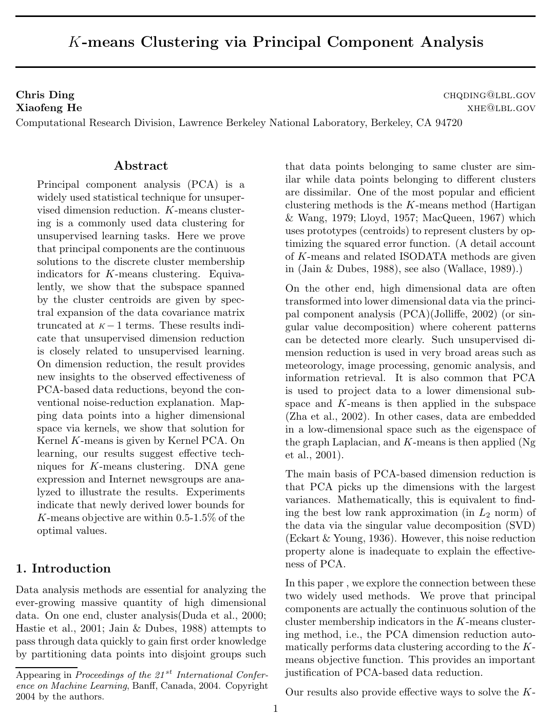 K-means clustering via principal component analysis