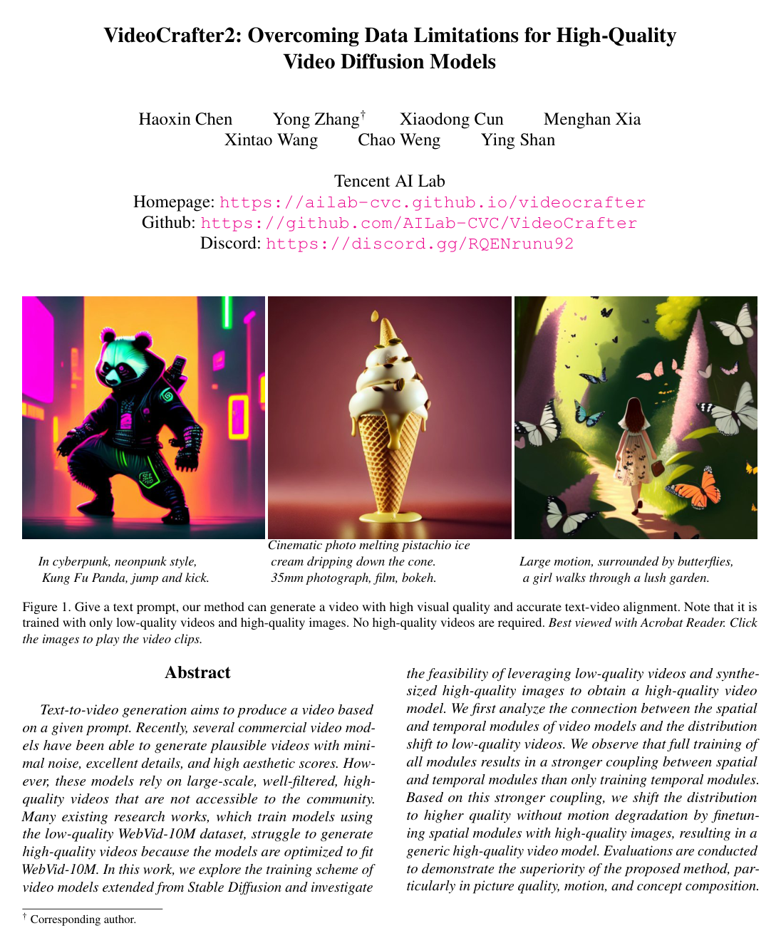VideoCrafter2: Overcoming Data Limitations for High-Quality Video Diffusion Models