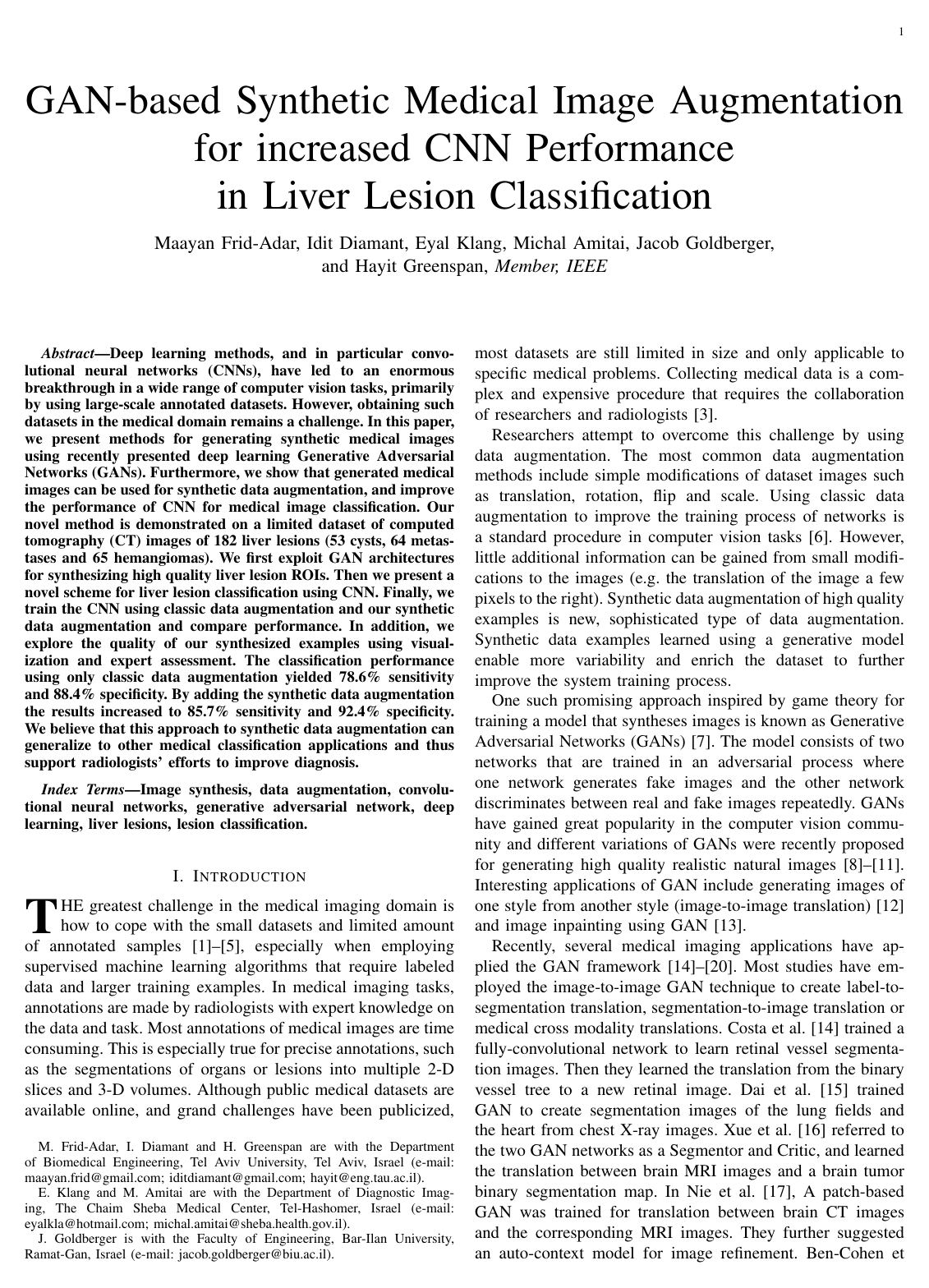 Cover for GAN-based Synthetic Medical Image Augmentation for increased CNN Performance in Liver Lesion Classification