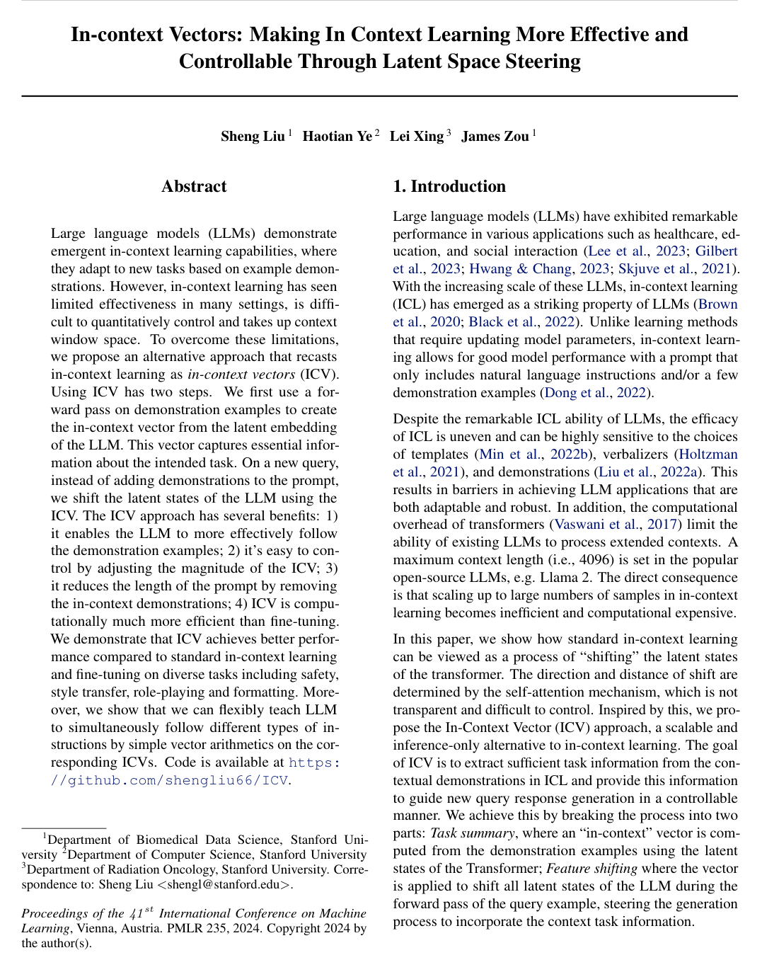 In-context Vectors: Making In Context Learning More Effective and Controllable Through Latent Space Steering