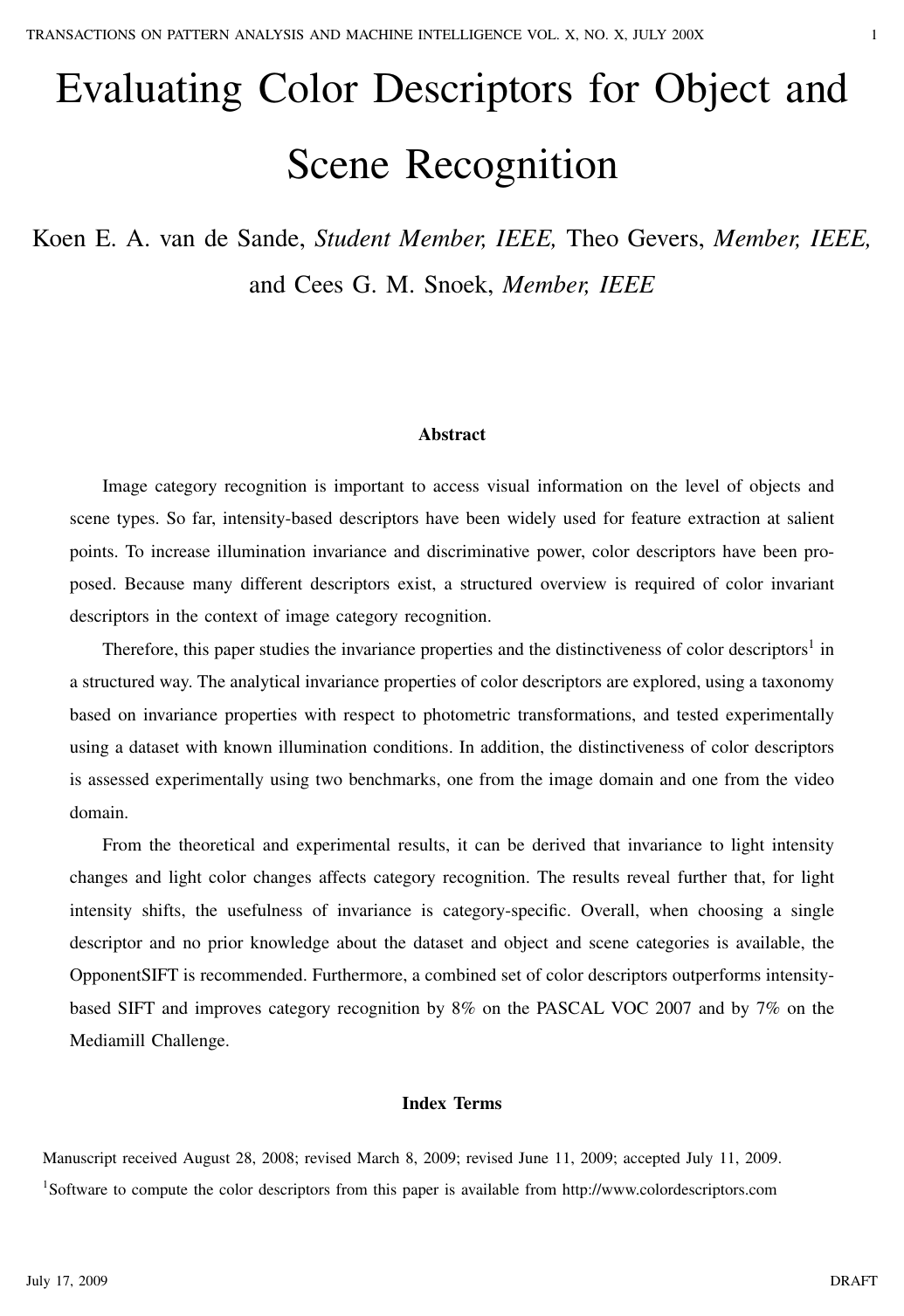 Evaluating Color Descriptors for Object and Scene Recognition