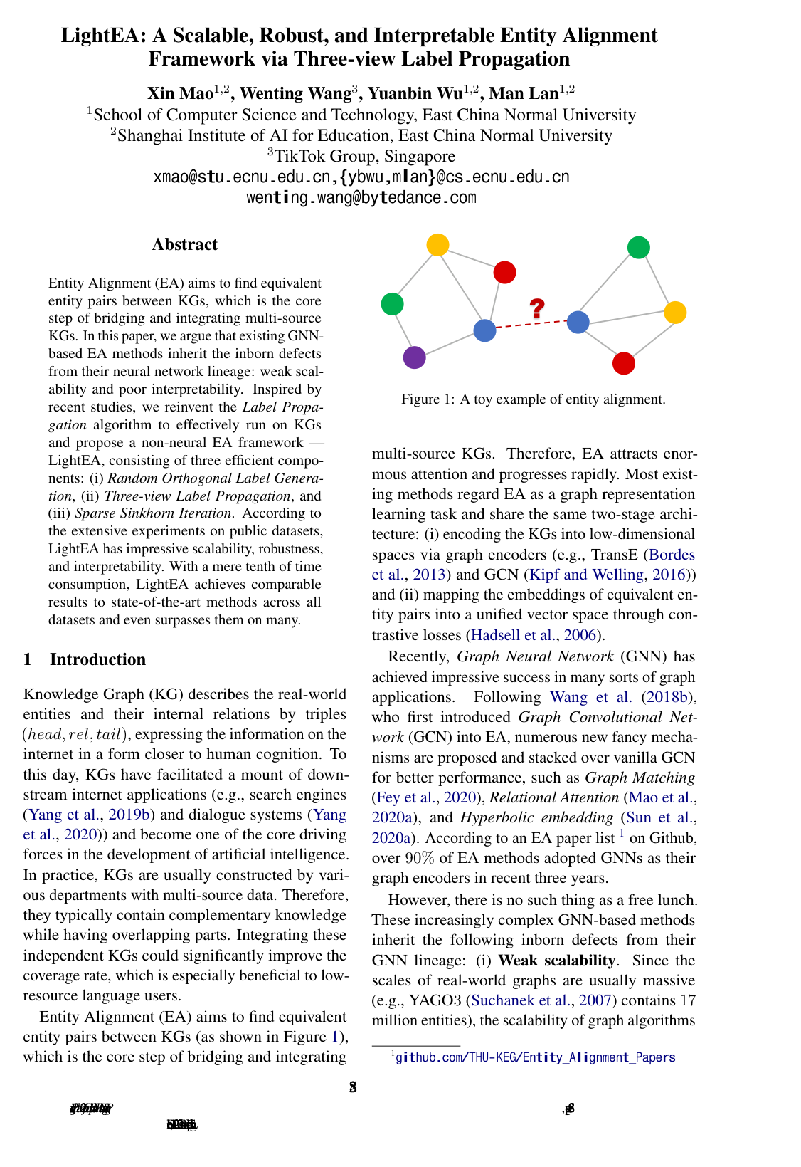 Cover for LightEA: A Scalable, Robust, and Interpretable Entity Alignment Framework via Three-view Label Propagation