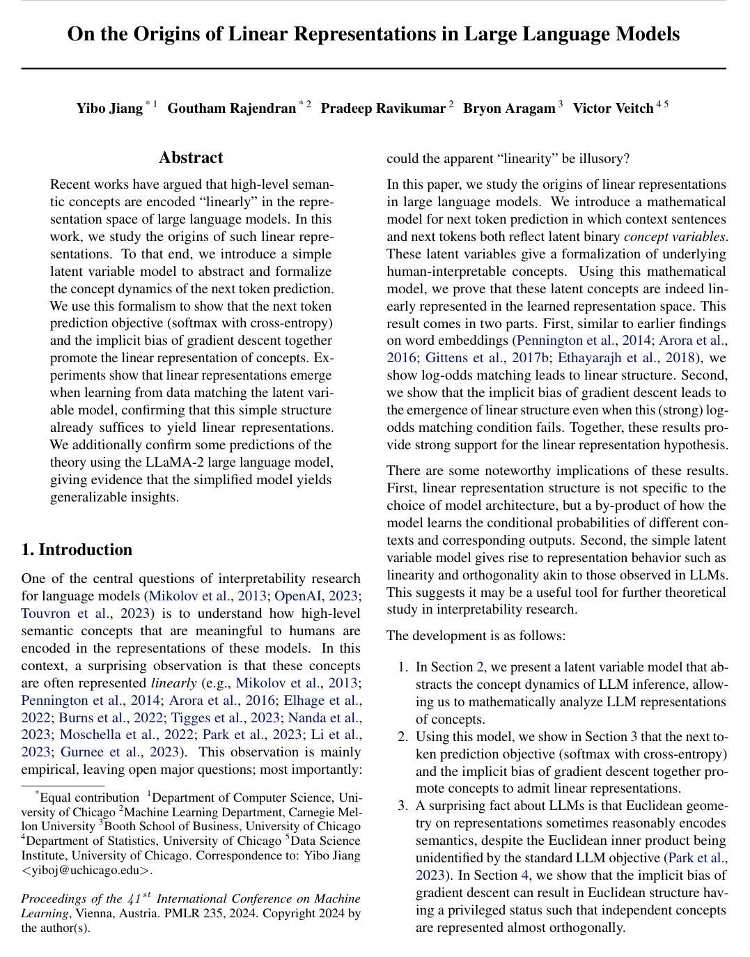 Cover for On the Origins of Linear Representations in Large Language Models