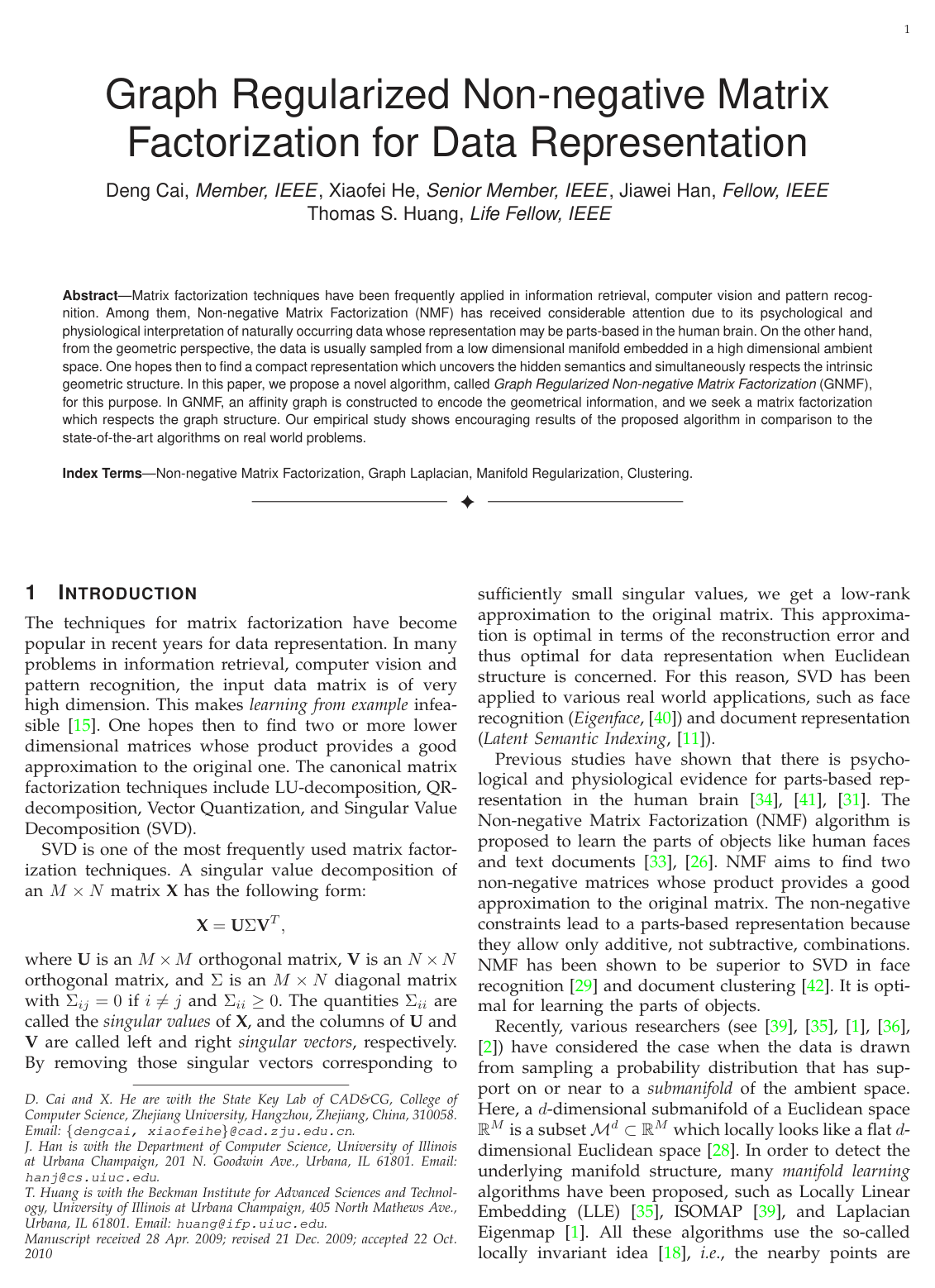 Graph Regularized Nonnegative Matrix Factorization for Data Representation