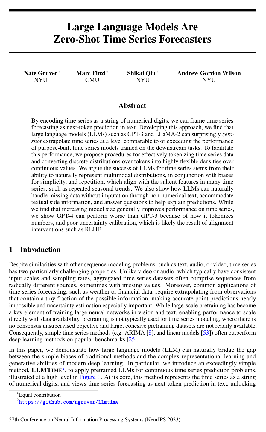 Large Language Models Are Zero-Shot Time Series Forecasters