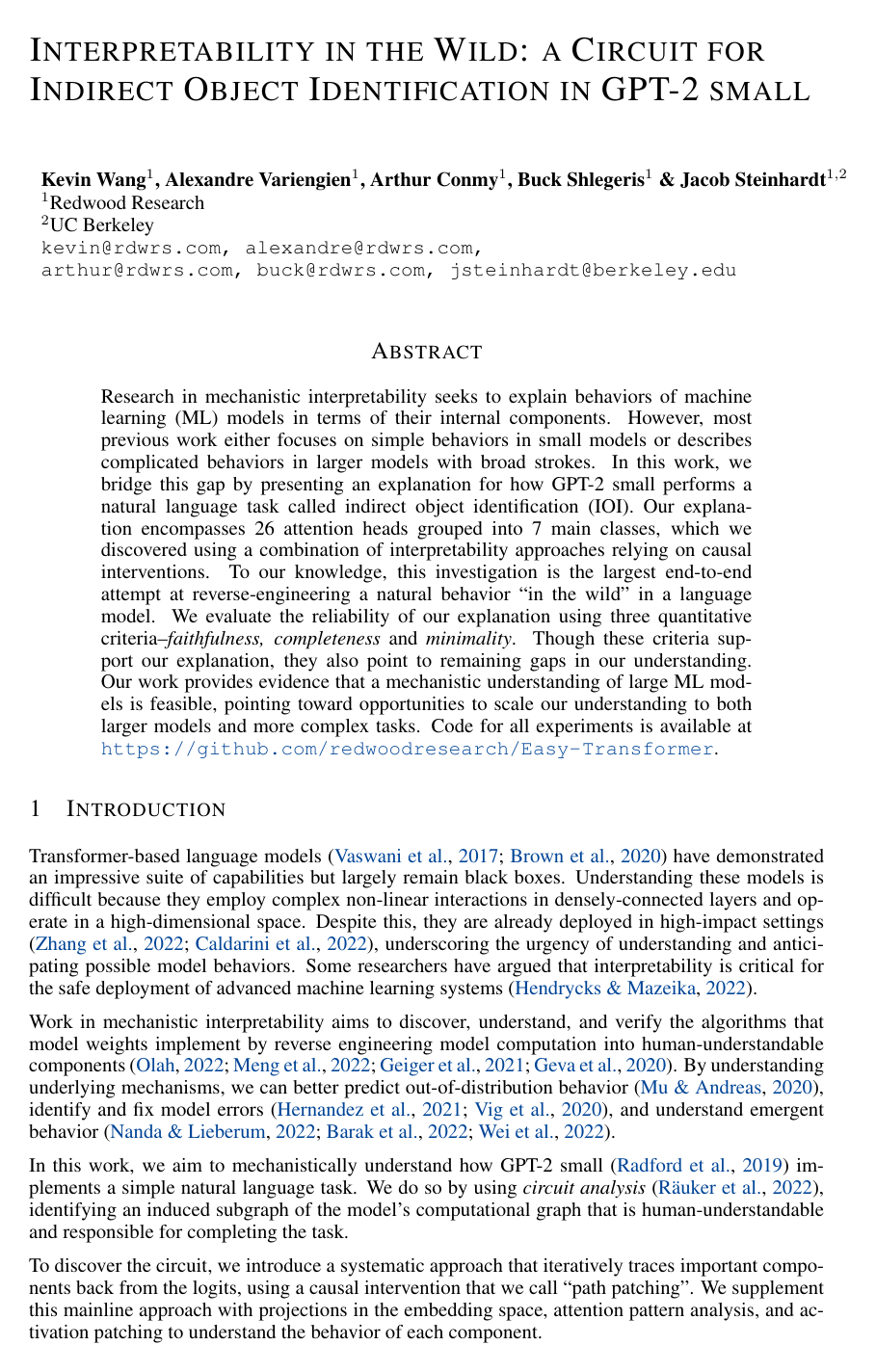 Interpretability in the Wild: a Circuit for Indirect Object Identification in GPT-2 small