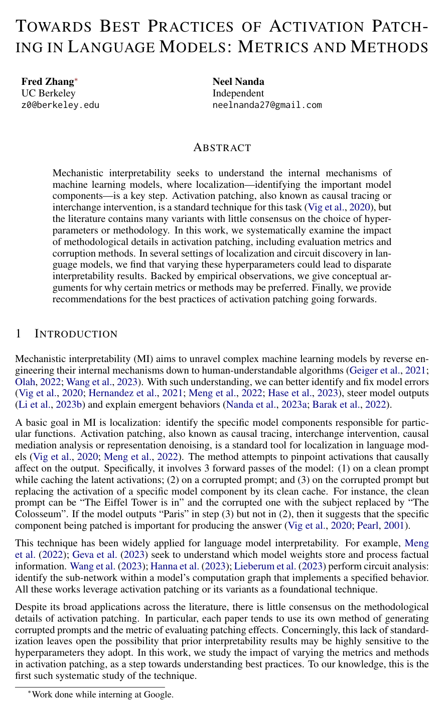 Cover for Towards Best Practices of Activation Patching in Language Models: Metrics and Methods