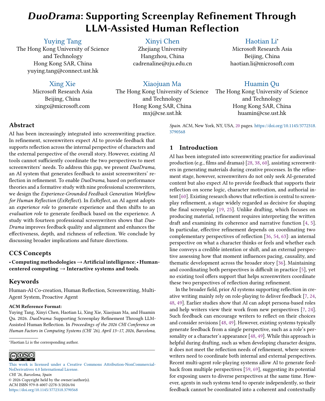 Cover for DuoDrama: Supporting Screenplay Refinement Through LLM-Assisted Human Reflection