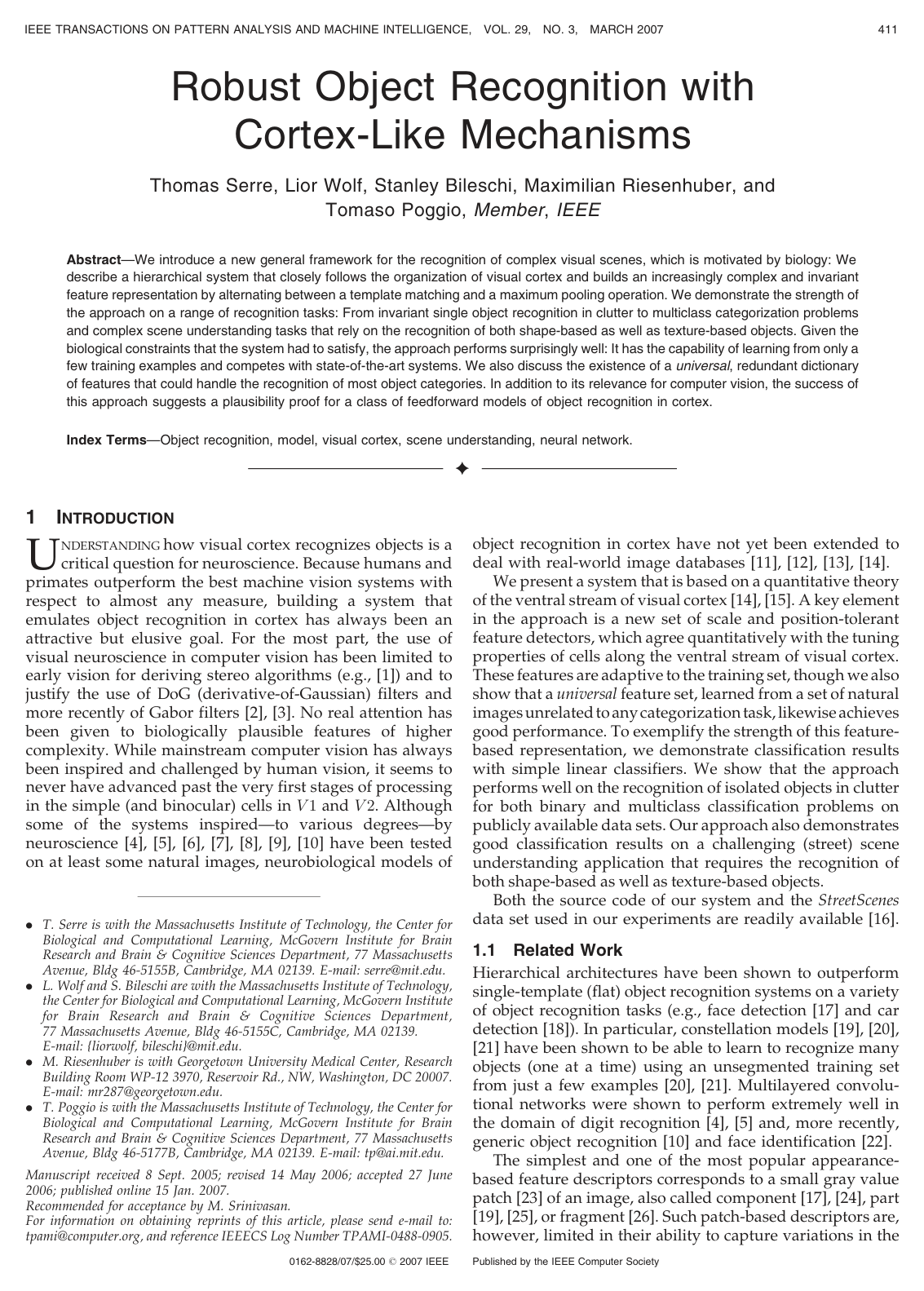 Robust Object Recognition with Cortex-Like Mechanisms