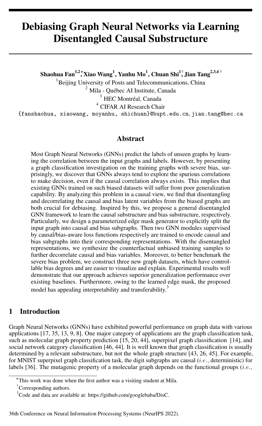 Cover for Debiasing Graph Neural Networks via Learning Disentangled Causal Substructure