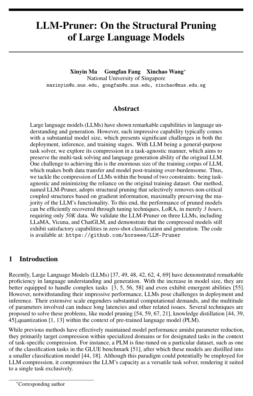 LLM-Pruner: On the Structural Pruning of Large Language Models