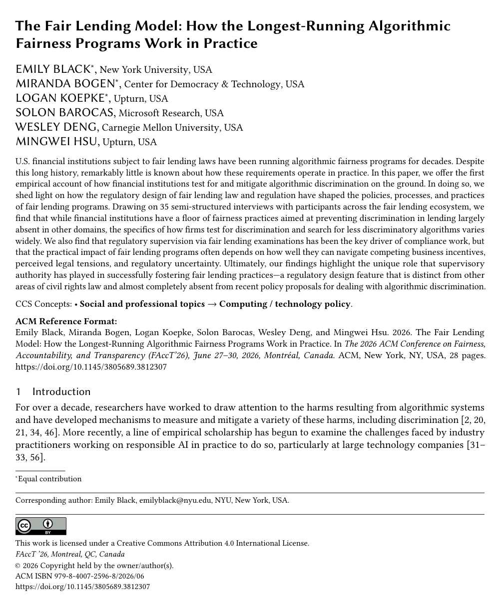 Cover for The Fair Lending Model: How the Longest-Running Algorithmic Fairness Programs Work in Practice