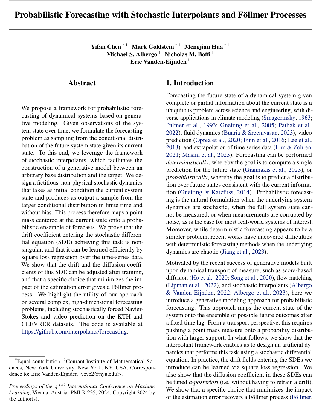 Probabilistic Forecasting with Stochastic Interpolants and Föllmer Processes