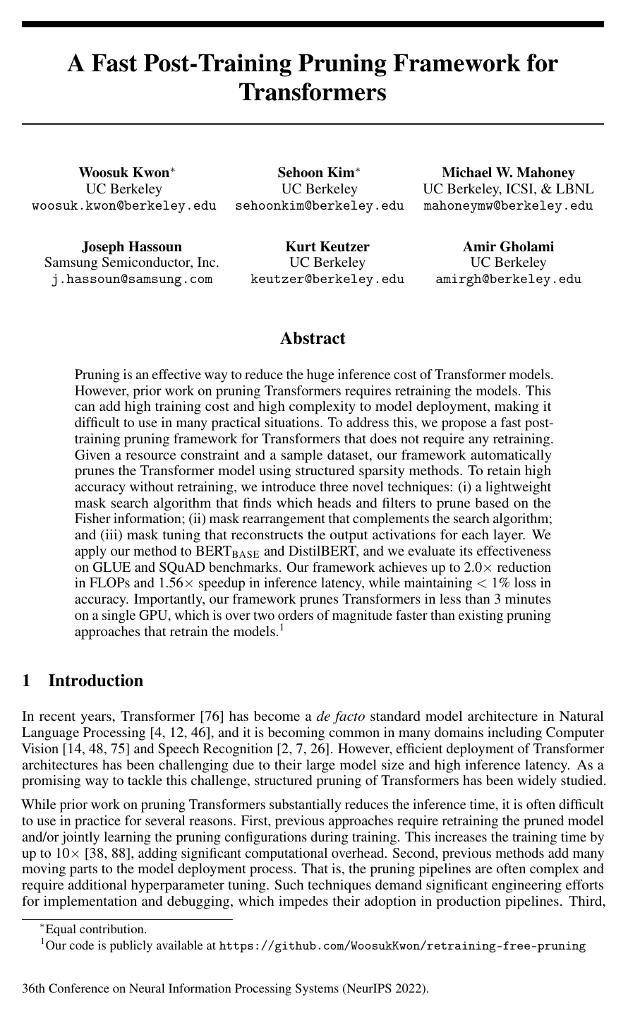 Cover for A Fast Post-Training Pruning Framework for Transformers