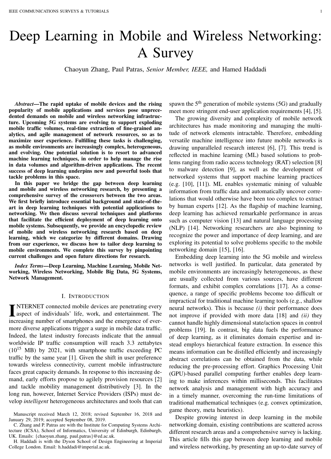 Cover for Deep Learning in Mobile and Wireless Networking: A Survey