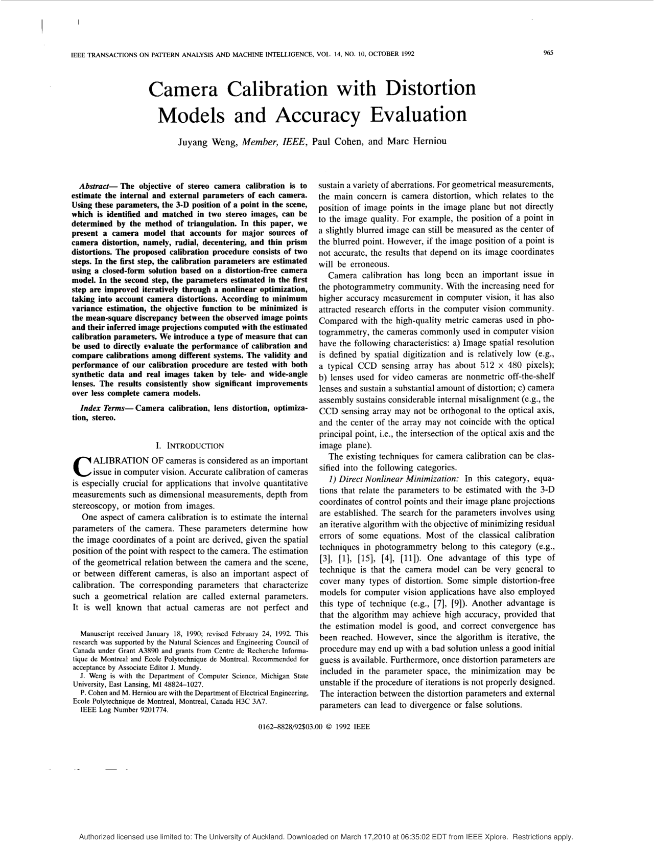 Cover for Camera Calibration with Distortion Models and Accuracy Evaluation