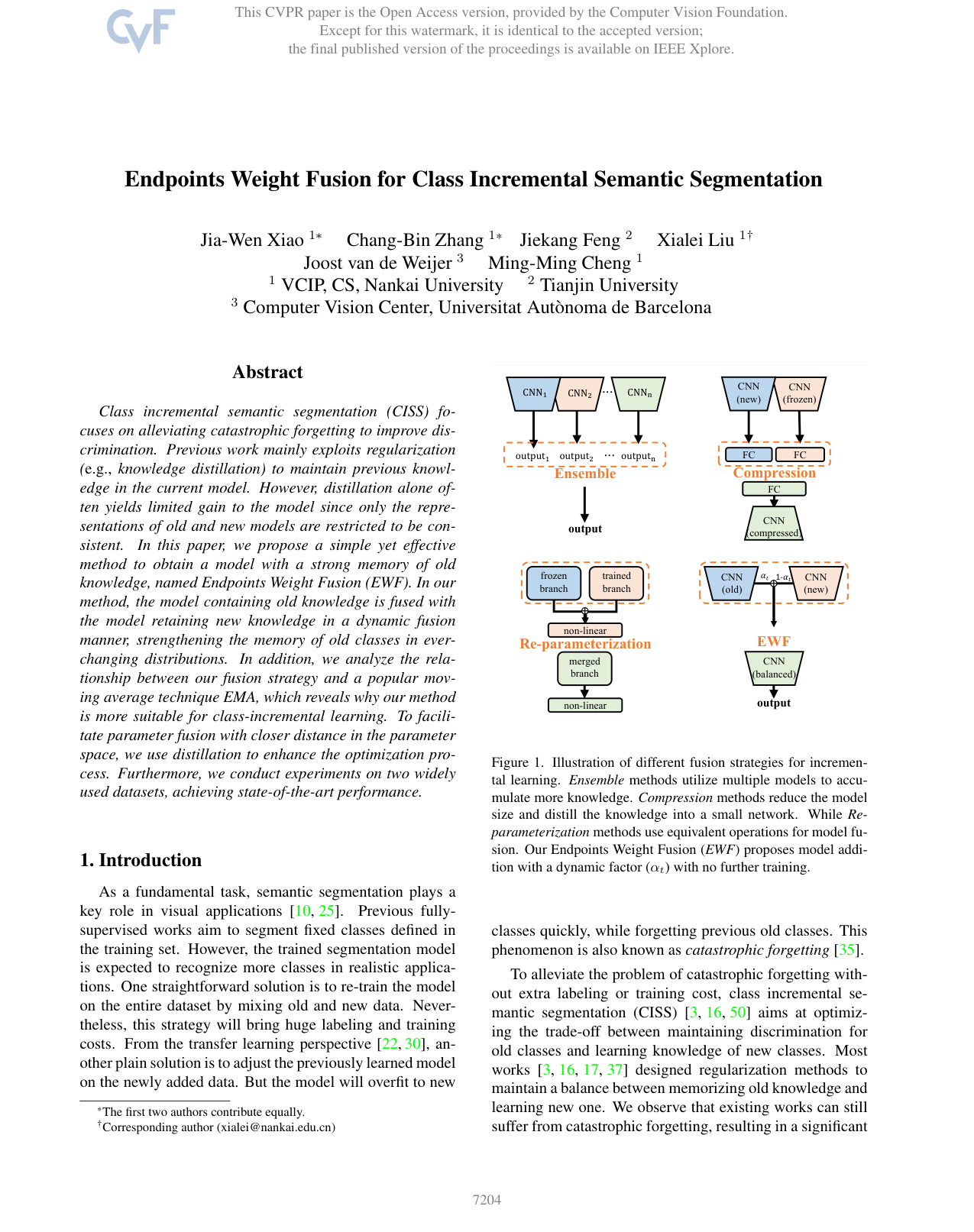 Endpoints Weight Fusion for Class Incremental Semantic Segmentation