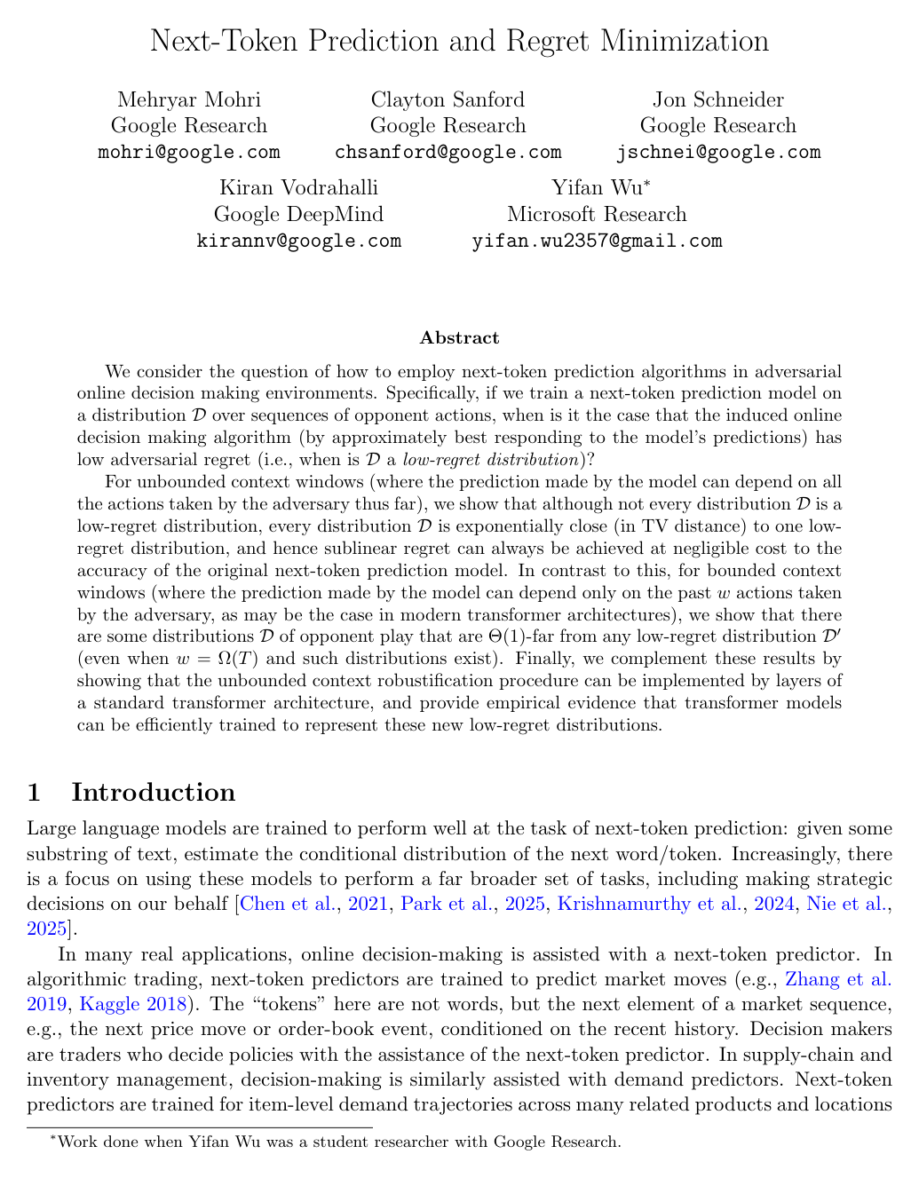 Cover for Next-Token Prediction and Regret Minimization