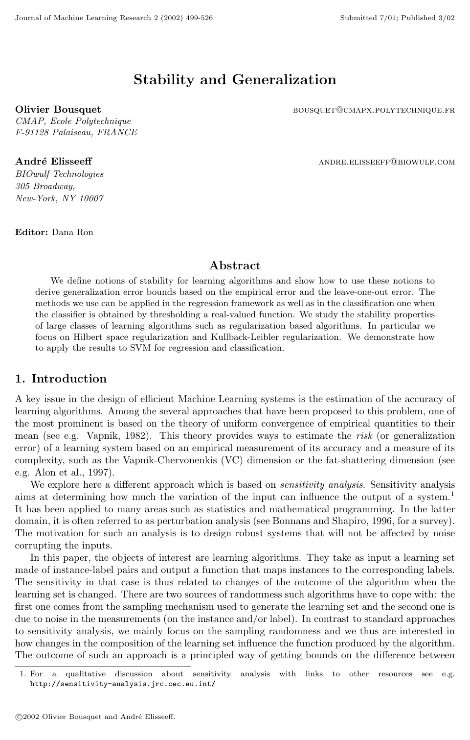 Stability and Generalization