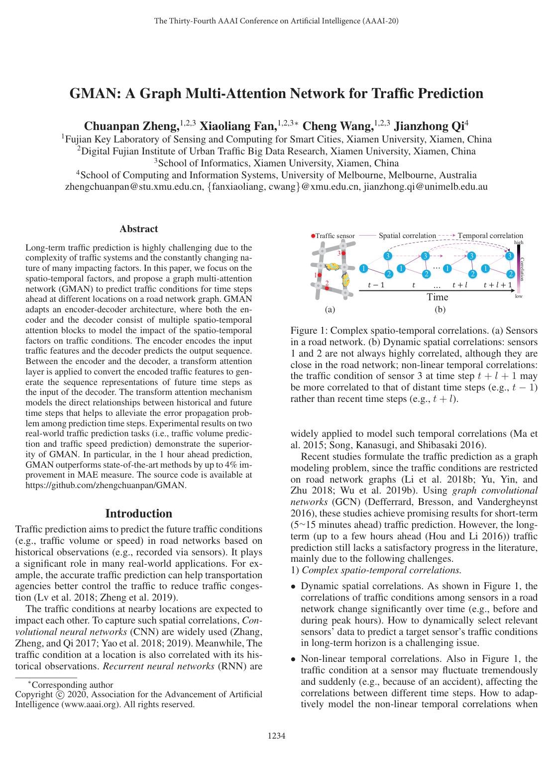 GMAN: A Graph Multi-Attention Network for Traffic Prediction