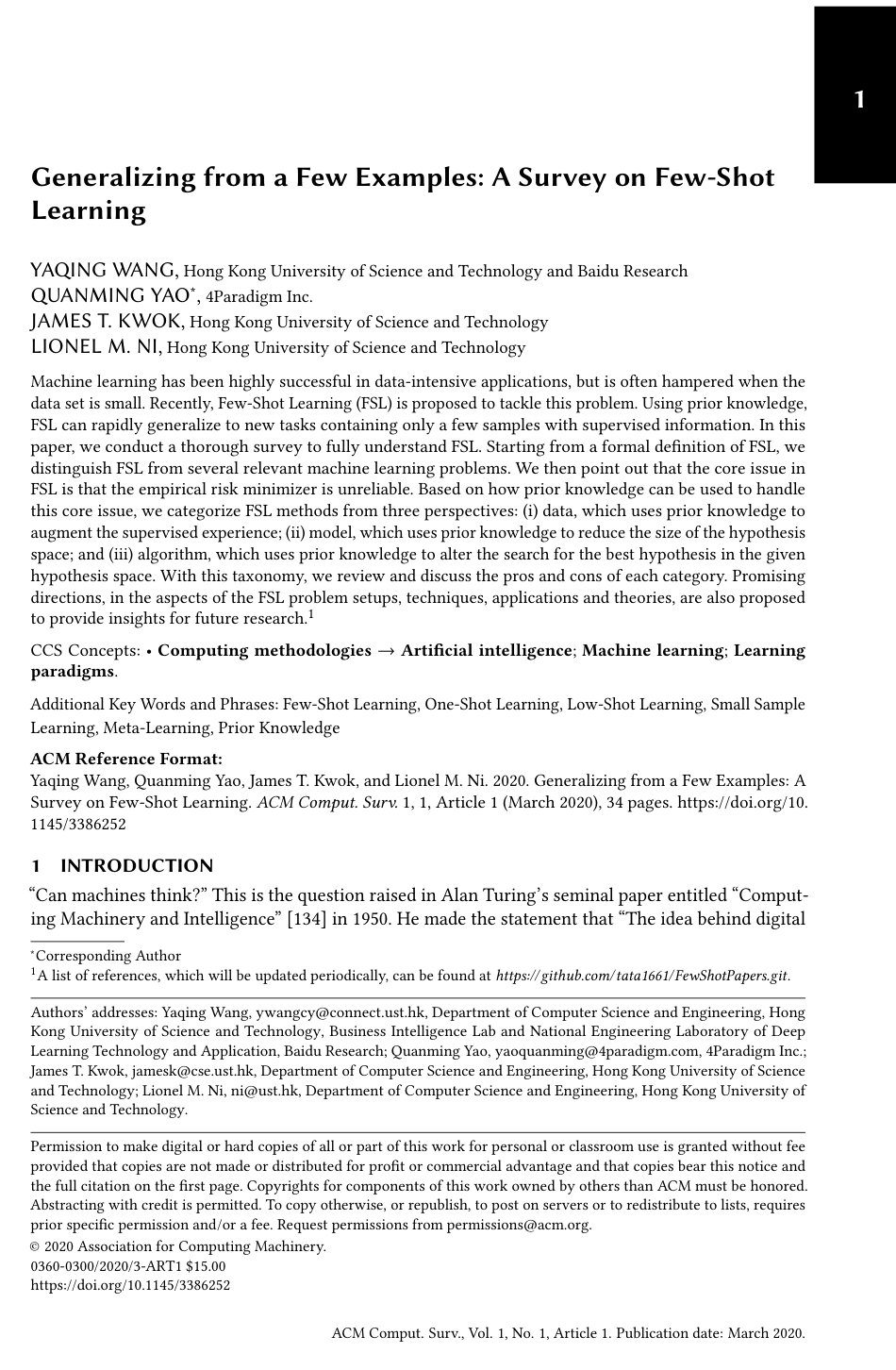 Cover for Generalizing from a Few Examples