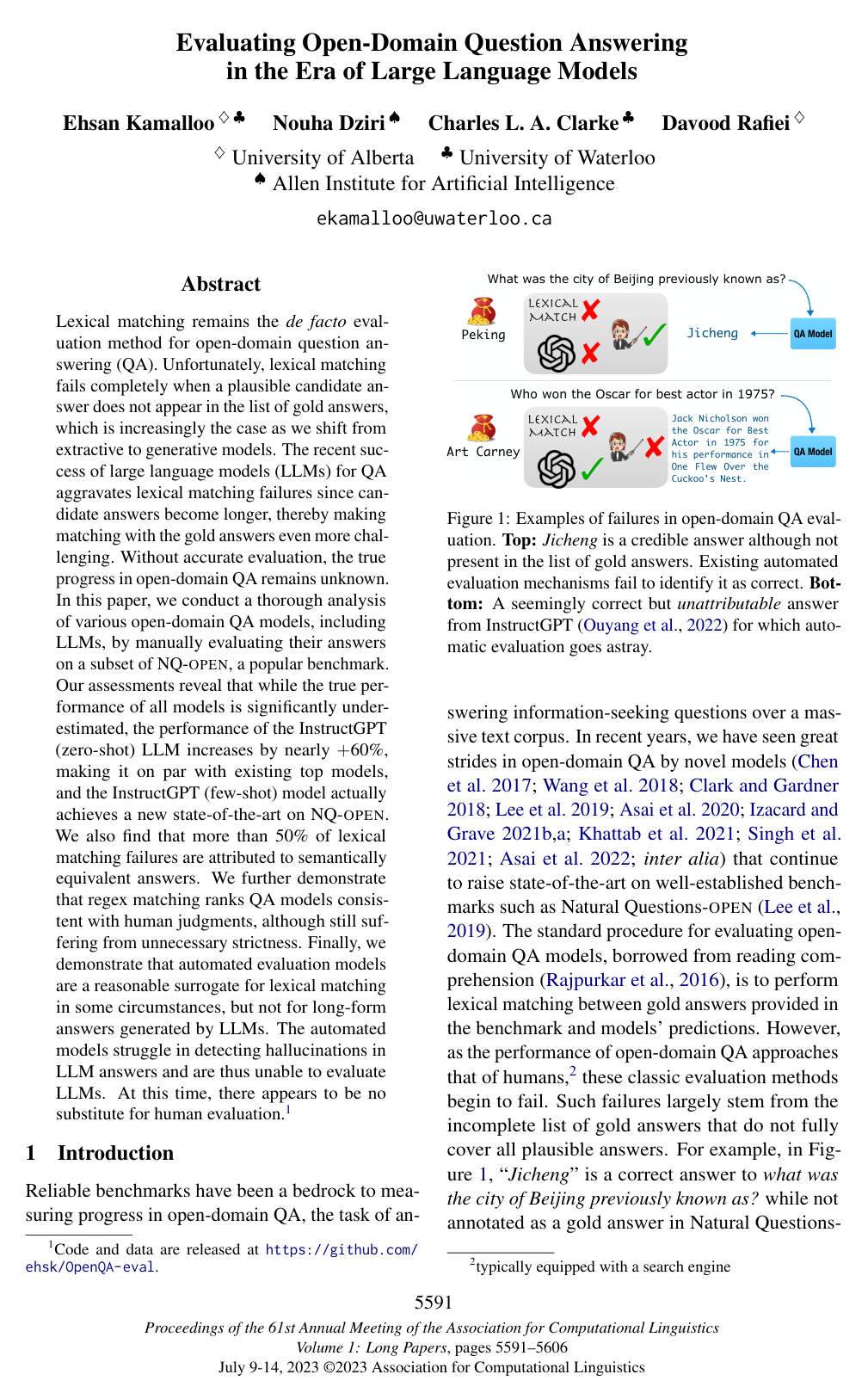 Evaluating Open-Domain Question Answering in the Era of Large Language Models