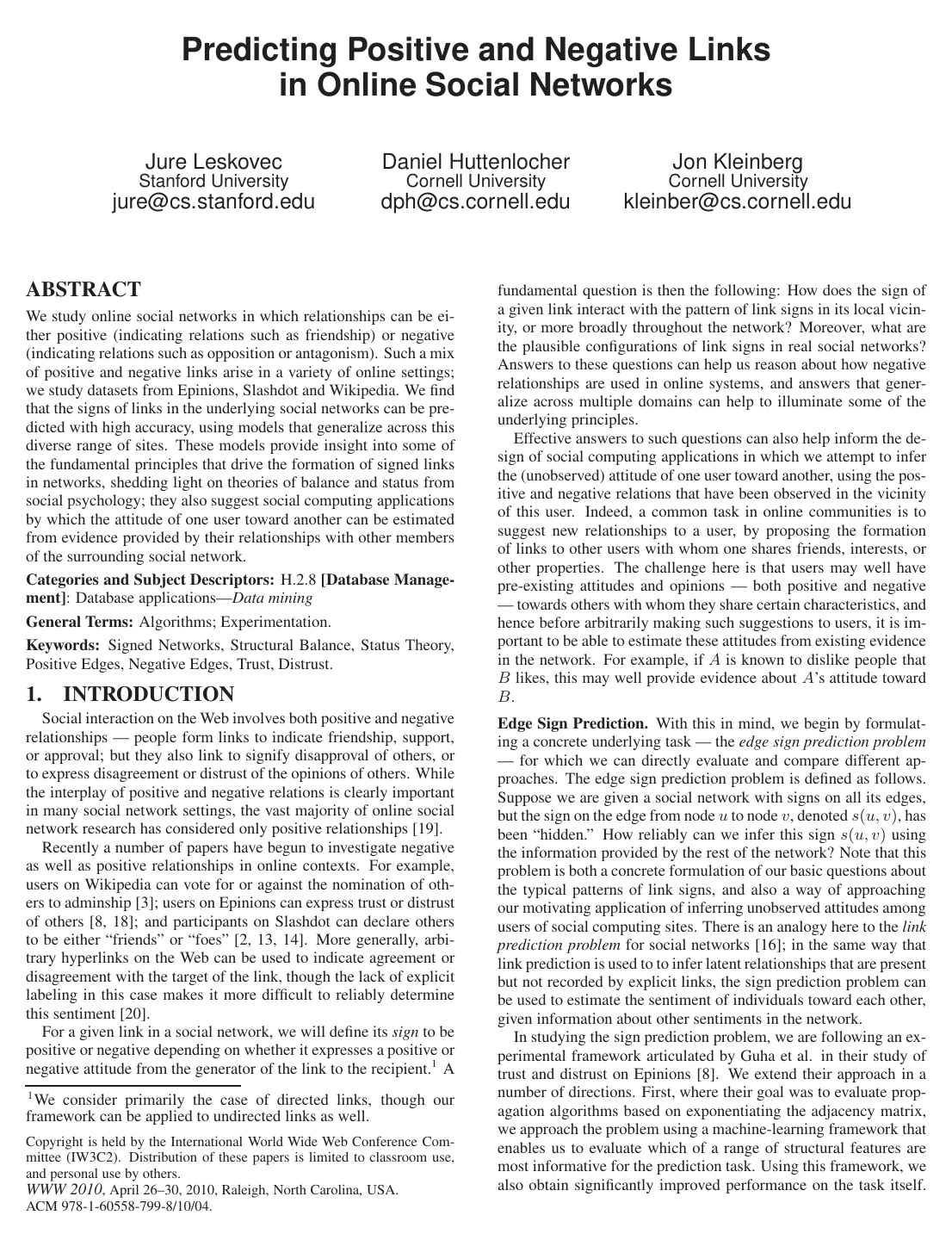 Cover for Predicting positive and negative links in online social networks