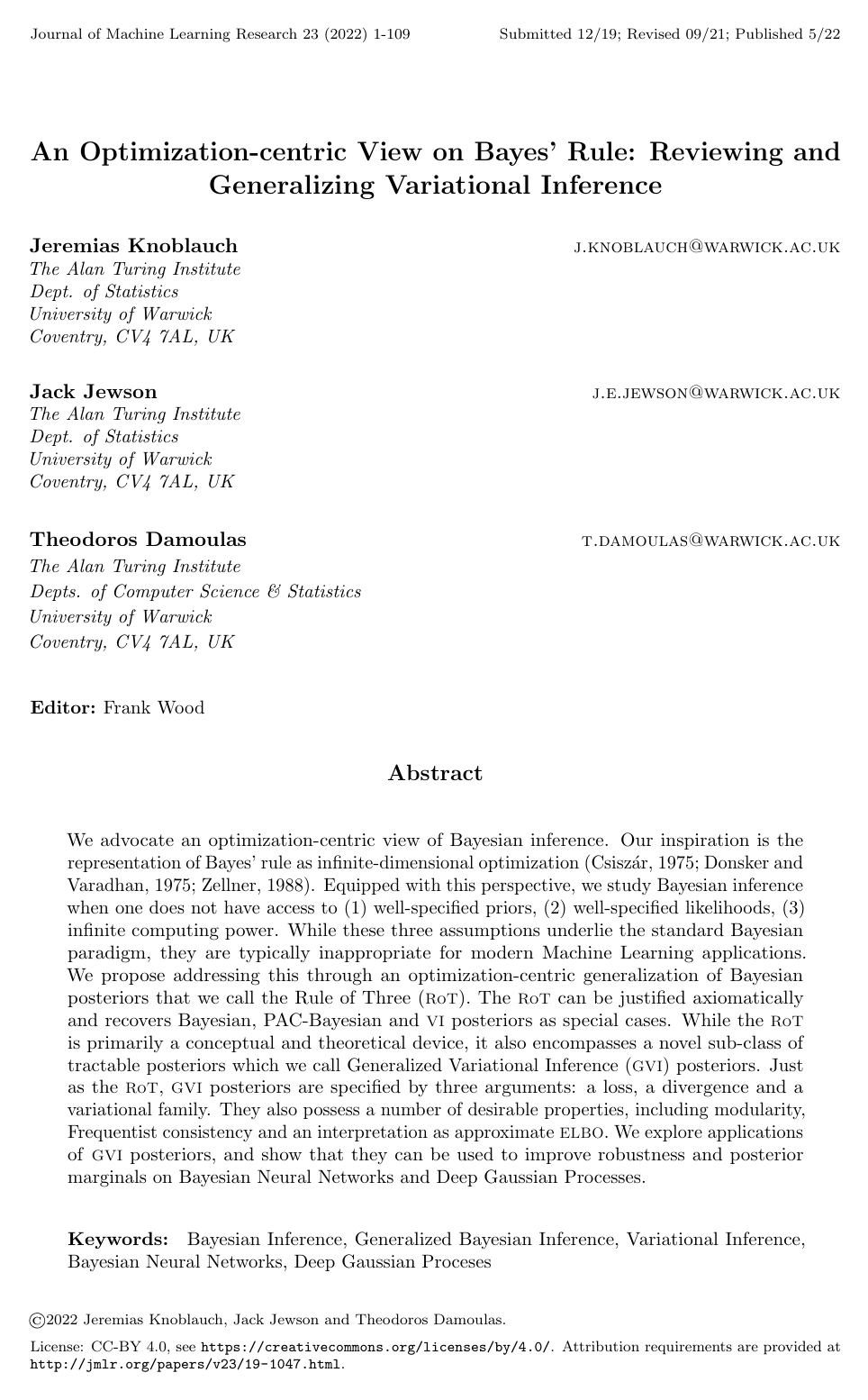 An Optimization-centric View on Bayes' Rule: Reviewing and Generalizing Variational Inference