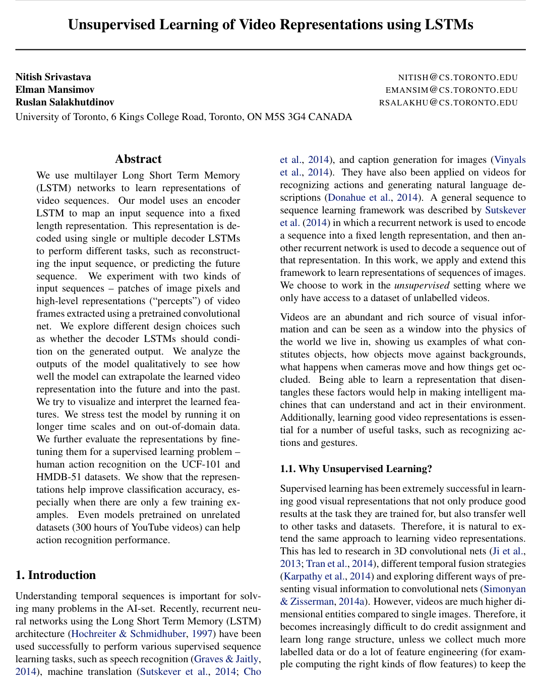Unsupervised Learning of Video Representations using LSTMs