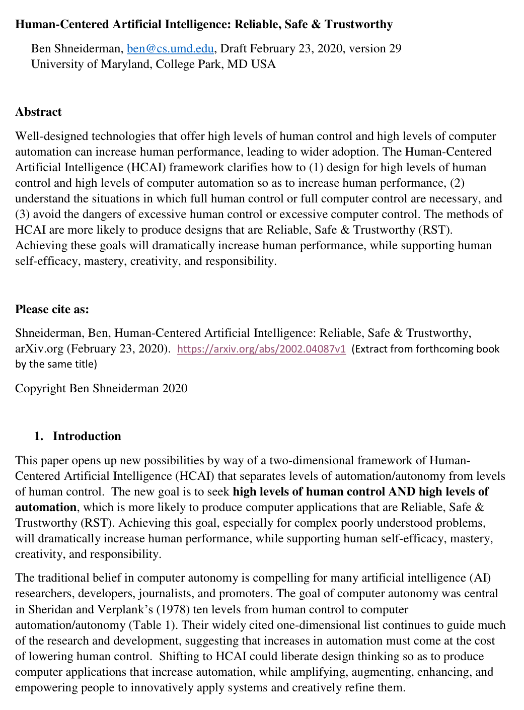 Cover for Human-Centered Artificial Intelligence: Reliable, Safe & Trustworthy