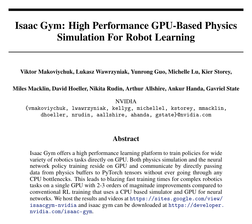 Isaac Gym: High Performance GPU-Based Physics Simulation For Robot Learning
