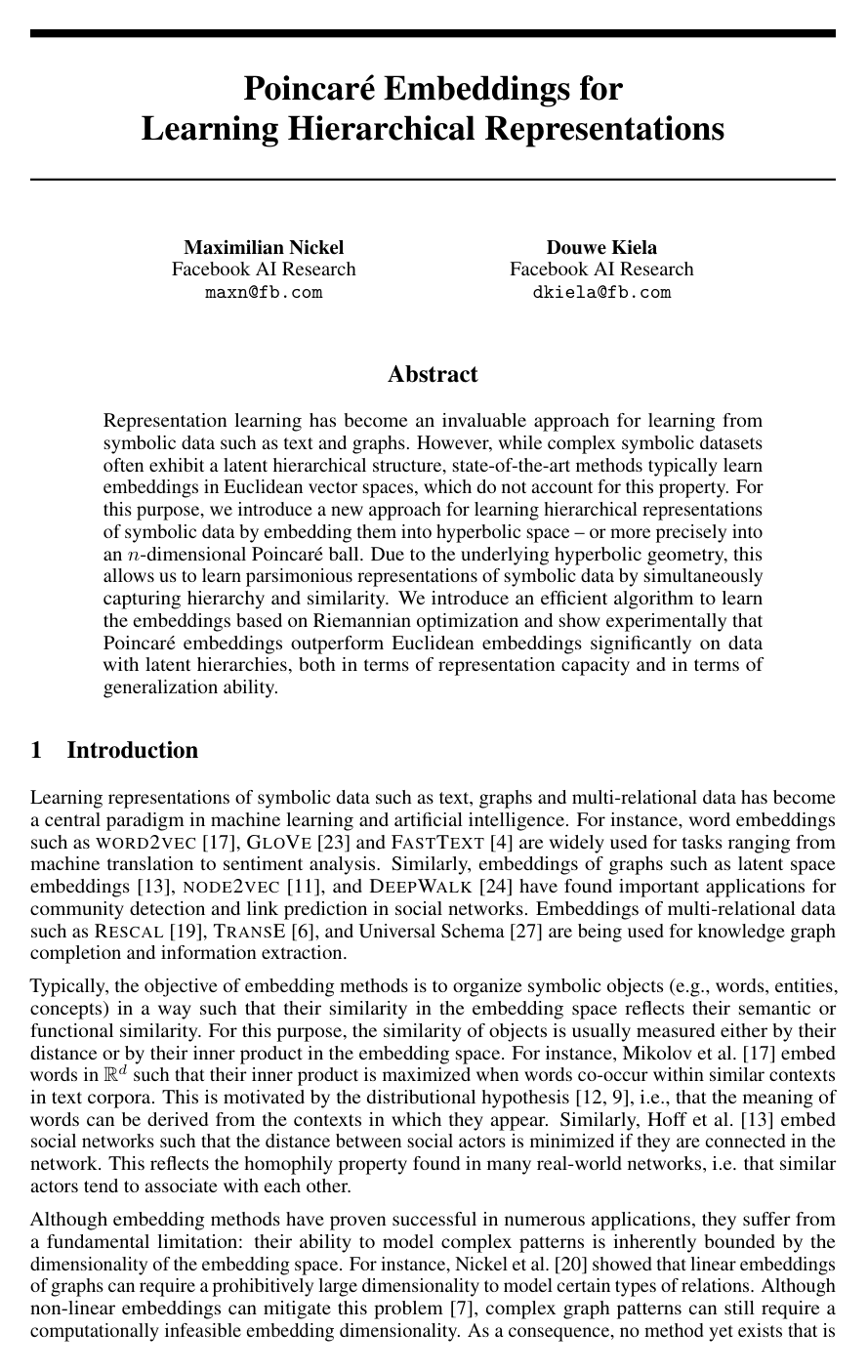 Cover for Poincaré Embeddings for Learning Hierarchical Representations