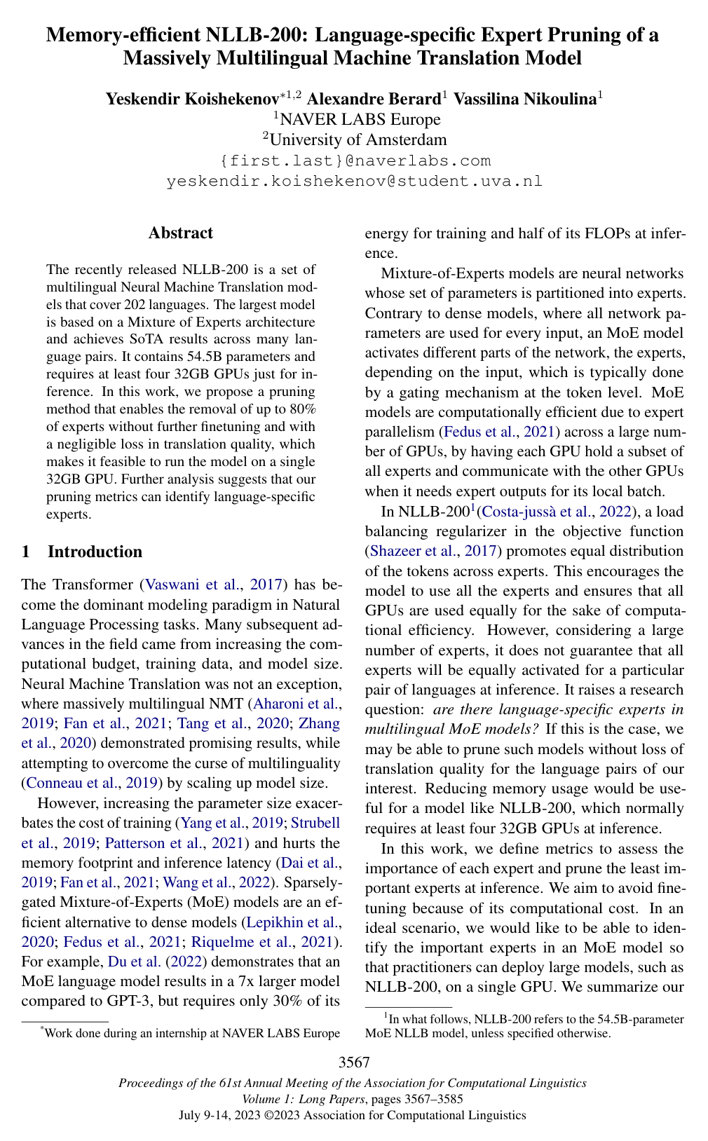 Memory-efficient NLLB-200: Language-specific Expert Pruning of a Massively Multilingual Machine Translation Model