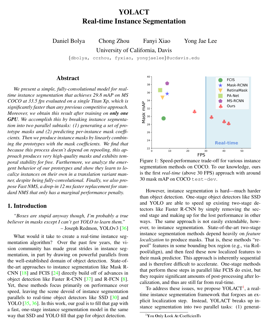 Cover for YOLACT: Real-Time Instance Segmentation