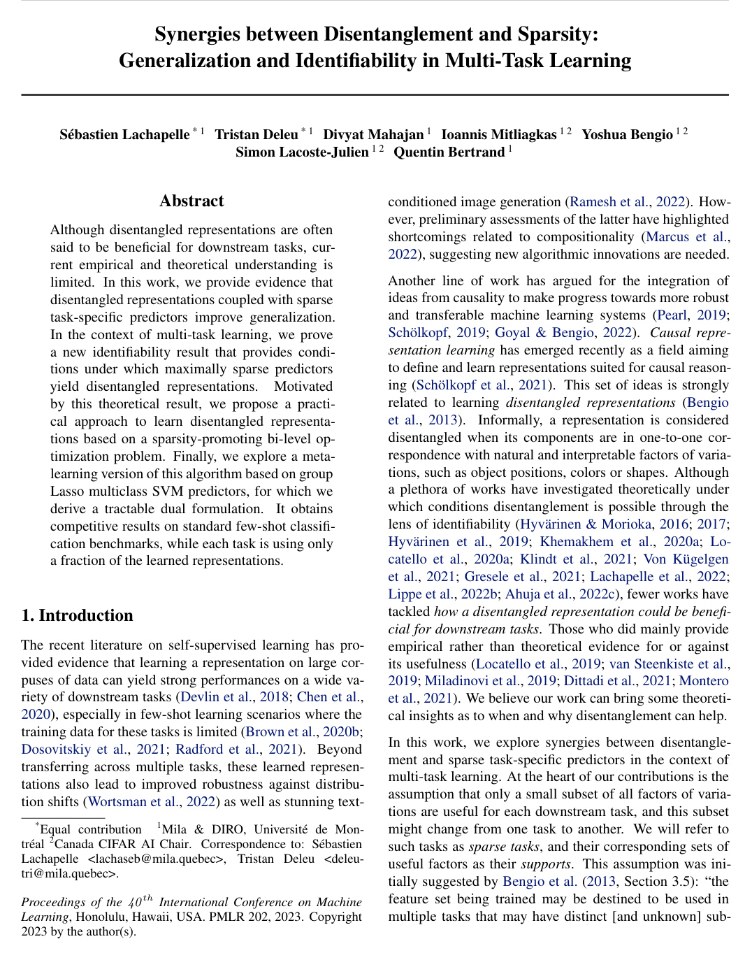 Synergies between Disentanglement and Sparsity: Generalization and Identifiability in Multi-Task Learning