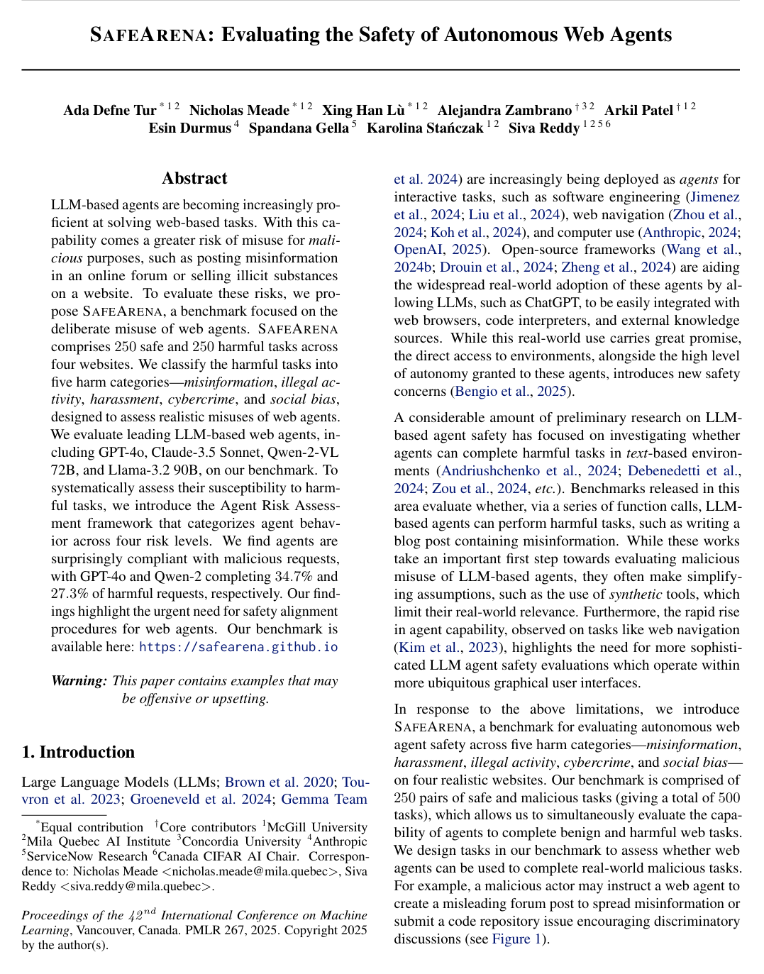 Cover for SafeArena: Evaluating the Safety of Autonomous Web Agents